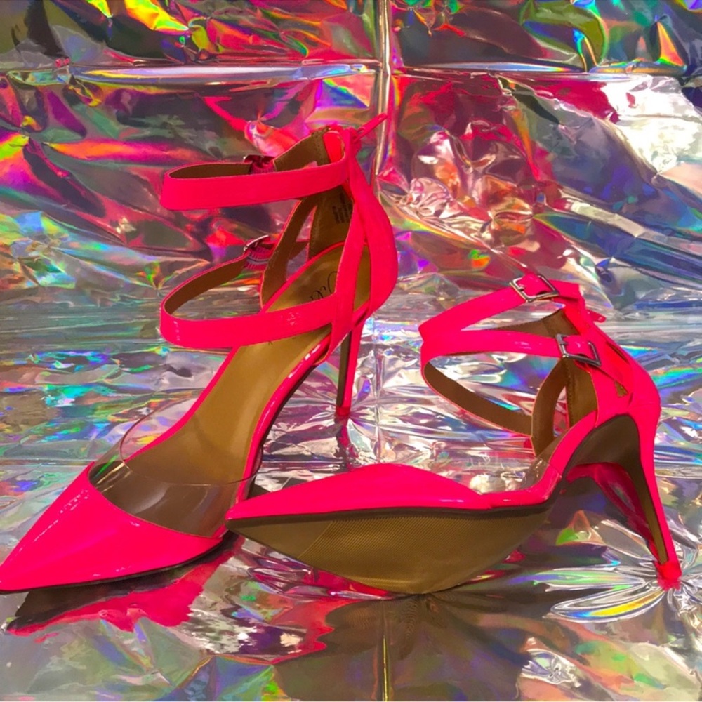 Wild Pair Neon Pink Patent Pointed-Toe Ankle-Strap Heels - Picture 2 of 5